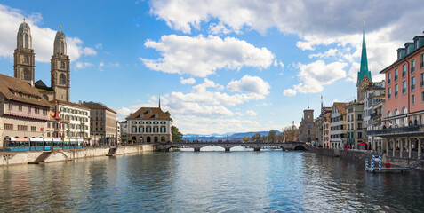 Panoramic view of the Limat River in Zurich, Monterbrücke Cathedral Bridge and historic buildings...