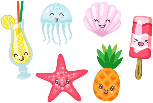 Jellyfish, starfish, shell toy icon set with tropical sweets pineapple, ice cream and cocktail. Big eyes smiling face. Cute cartoon kawaii funny baby character. Sea ocean animal collection, desserts