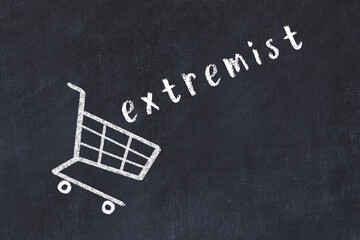 Chalk drawing of shopping cart and word extremist on black chalboard. Concept of globalization and...