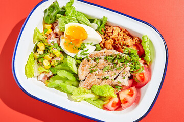 American cobb salad with chicken, eggs and vegetables in minimal style. Healthy salad on trend red background with hard shadow. Bowl with salad, chicken, eggs, vegetables in contemporary style