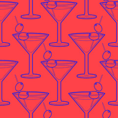Vector bar cocktail and drink seamless pattern. Vector line art illustration