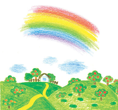 child's sketch of a rural landscape