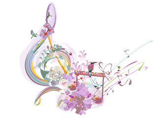 Abstract treble clef decorated with summer and spring flowers, palm leaves, notes, birds. Hand drawn musical vector illustration.