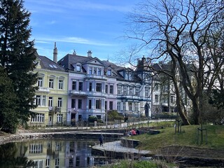 Nygårdsparken and beautiful historical colourful houses Bergen Norway