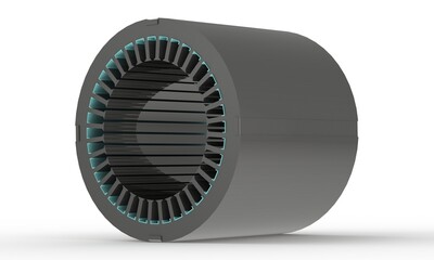 Stator package for electric motor, assembled metal sheets, 3d rendering isolated on white background