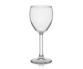 Empty transparent glass cup, shot glass, glass for wine, whiskey, cognac, martini, beer, juice and other drinks, isolated on white background. Dishes for bar, restaurant, pub.