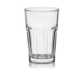 Empty transparent glass cup, shot glass, glass for wine, whiskey, cognac, martini, beer, juice and other drinks, isolated on white background. Dishes for bar, restaurant, pub.