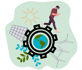 Man texting in smartphone going on planet with eco sustainable power sources. Flat concept vector illustration