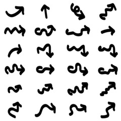 Hand Drawn Vector illustration of a curved arrow. Black pointer isolated thick lines Doodle on white background.
