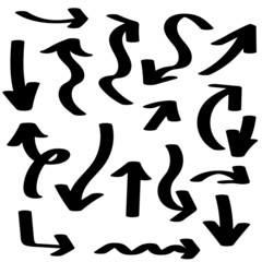 Hand Drawn Vector illustration of a curved arrow. Black pointer isolated thick lines Doodle on white background.
