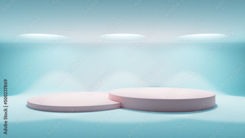 Poster 3d background with a podium and light beams from above to showcase your product. 3d rendering