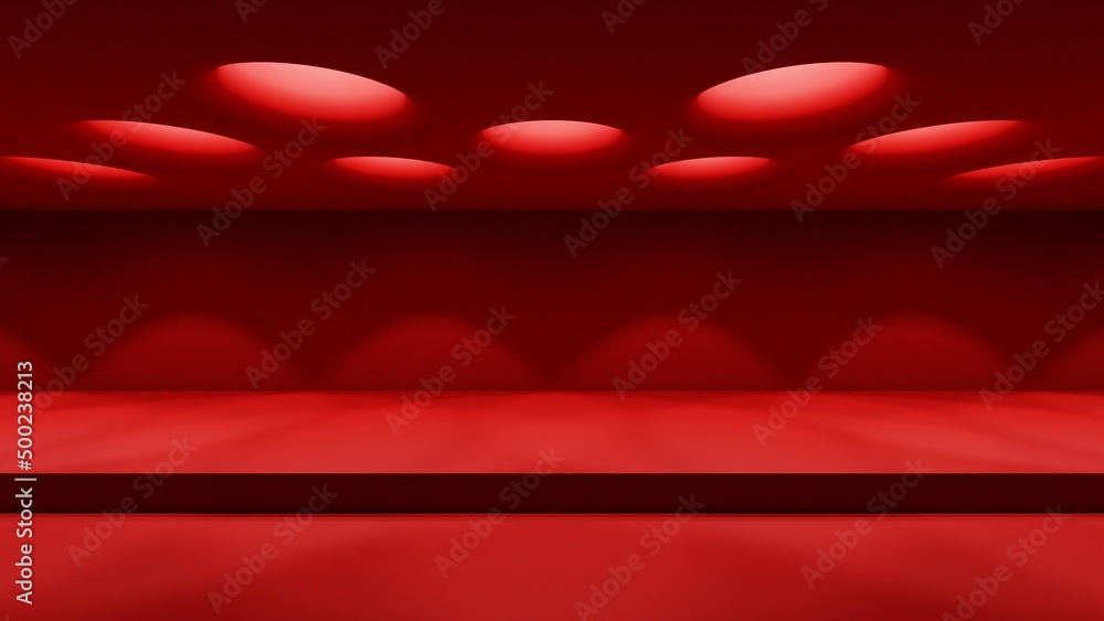 Poster 3d red background with a podium and light beams from above to showcase your product. 3d rendering