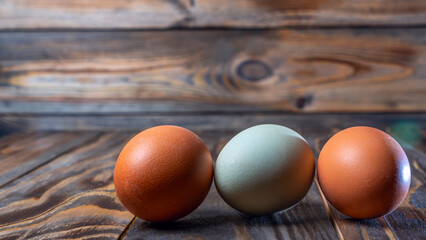 Llight blue and brown eggs. Easter Festival concepts. Araucana egg and the egg of an ordinary chicken.