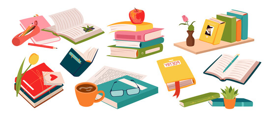 Pile and stack of books set from bookshelf of library, bookshop vector illustration. Cartoon open and closed textbooks, notebooks, storybooks of different color isolated on white. Education concept
