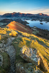 Fototapeta premium Stunning early morning sunlight from the top of Catbells in the Lake District, with a view to the lake below and the distant fells of Blencathra and Skiddaw