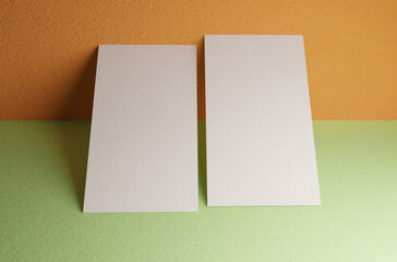 Double business card leaning against the wall mockup template 3d rendering