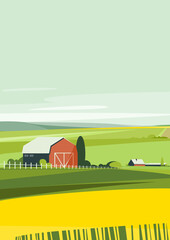 Farm in summer season. Agricultural landscape in portrait format.