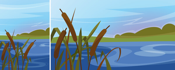 Landscape with reeds on the river. Natural scenery in different formats.