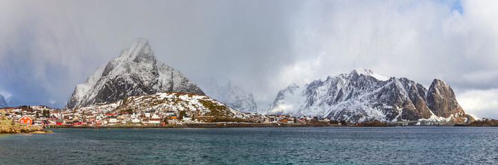 Fototapeta na wymiar Panoramic view of Reine a traditonal fisherman village at Lofoten Island in Norway.