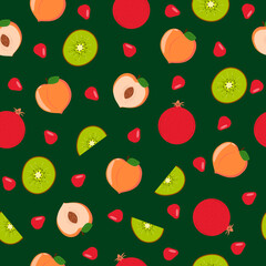 Seamless pattern with kiwi, peach and pomegranate