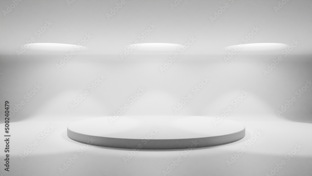 Poster 3d background with a podium and light beams from above to showcase your product. 3d rendering