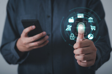 business use digital processing of biometric identification fingerprint scanner for access personal financial data. surveillance and security scanning of digital programs cyber futuristic applications