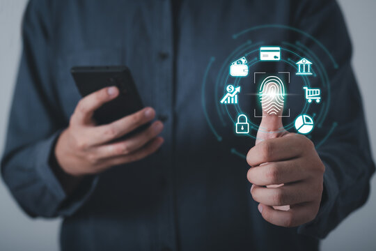 business use digital processing of biometric identification fingerprint scanner for access personal financial data. surveillance and security scanning of digital programs cyber futuristic applications