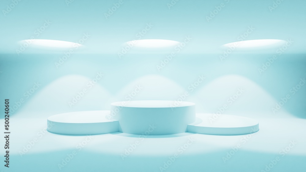 Poster 3d background with a podium and light beams from above to showcase your product. 3d rendering