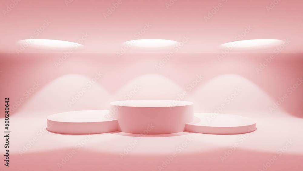 Poster 3d background with a podium and light beams from above to showcase your product. 3d rendering