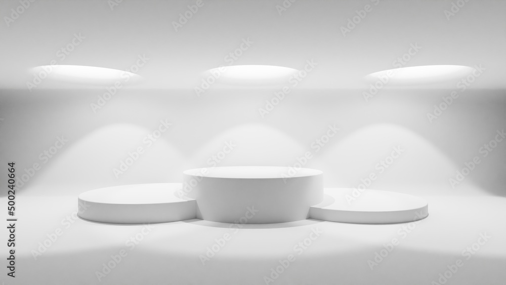 Poster 3d white background with a podium and light beams from above to showcase your product. 3d rendering
