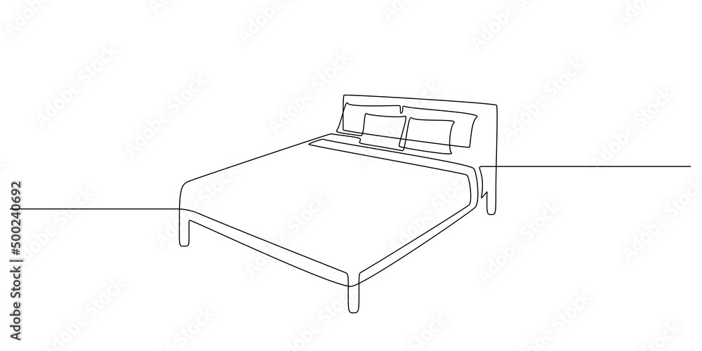 Aufkleber Continuous one line drawing of double bed with pillows. Scandinavian stylish furniture for sleep bedroom in simple Linear style. Editable stroke. Doodle vector illustration
