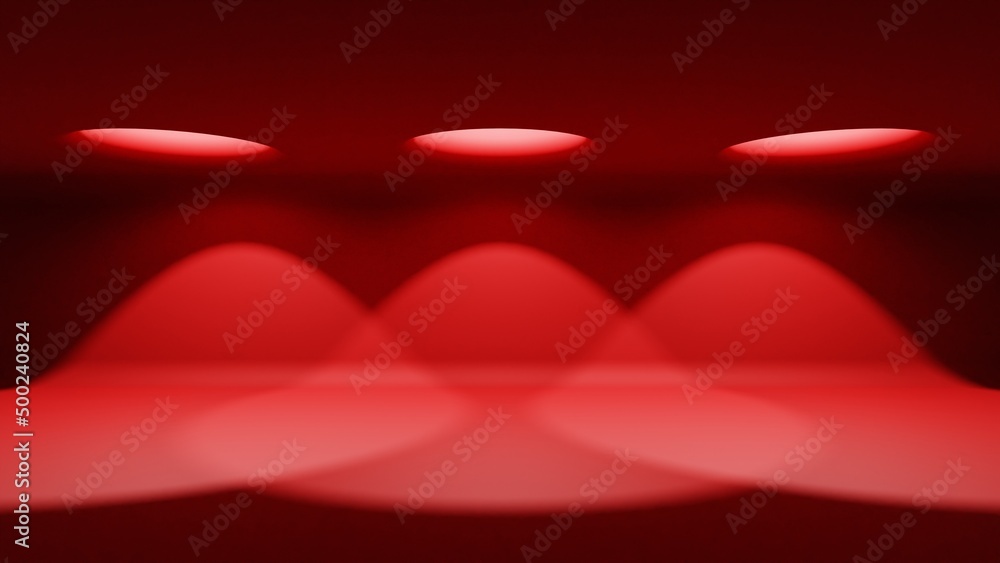Poster 3d red background with a podium and light beams from above to showcase your product. 3d rendering