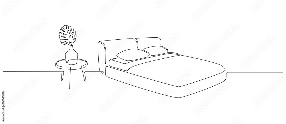 Poster continuous one line drawing of double bed and table with vase with monstera leaf. scandinavian styli