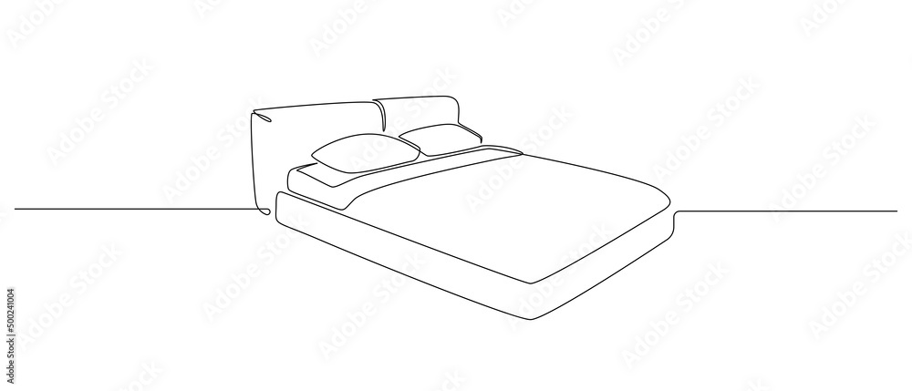 Poster continuous one line drawing of double bed with pillows. scandinavian stylish furniture for sleep bed