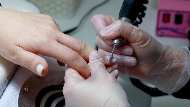 the manicure master removes gel polish from the client's nails using a special boron machine