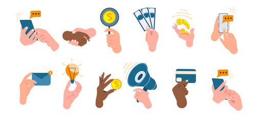 Set of illustrations of hand gestures. Characters holding money, shaking hands, holding smartphone, credit card, bill, making donations and other business objects. concept. Vector illustration.