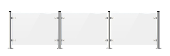 Glass or plexiglass fence with banisters. Architectural guardrail for balcony or office terrace vector illustration. Realistic modern decoration front view on white background.