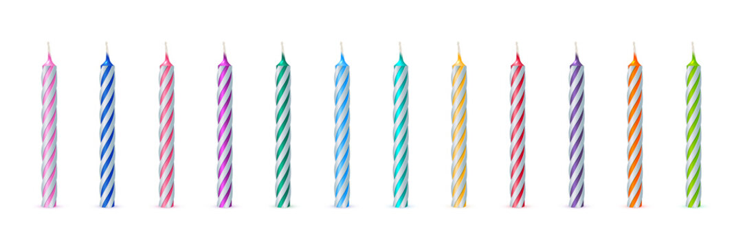 Row of striped swirl candles with different colors, 3d decoration for anniversary cake