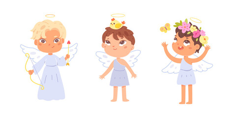 Cute little angels kids set, funny girls and boys with halo and wings, birds and flowers