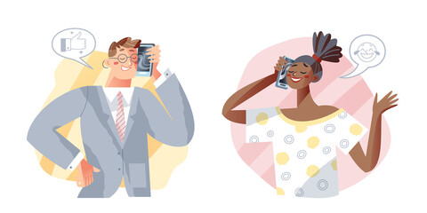 People call phone set, woman calling to friends or family, businessman holding smartphone