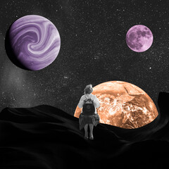 Contemporary art collage. Senior lady, woman sitting around many space planets isolated over night starry sky background