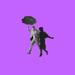 Contemporary art collage. Stylish man walking under umbrella with space silhouette of woman isolated over purple background