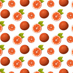 Seamless pattern grapefruit citrus fruit vector illustration. Slices and whole with leaves. Vitamin summer healthy food on isolated transparent background for packaging, wrapping paper, textile, gift