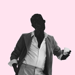 Contemporary art collage. Faceless brutal stylish man holding alcohol glass isolated over pink background