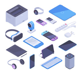 Isometric 3d gadgets, tablet, pc, printer, computer and ebook icons. Smartphone, keyboard and mouse, wireless electronic gadgets vector 3d symbols set. Digital devices