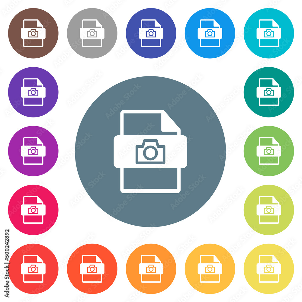Poster raw camera file type flat white icons on round color backgrounds