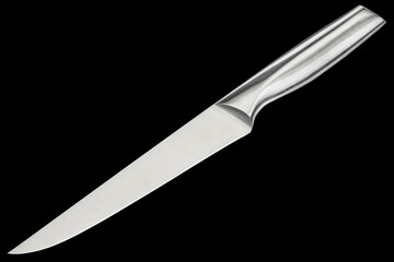 Studio shot of Stainless Steel Carving kitchen knife, isolated on black background.