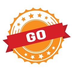 GO text on red orange ribbon stamp.
