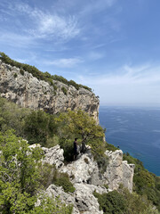 Panoramic view of Kemer, Turkey. View from the height through the pine trees of the Mediterranean coast. Chalysh mountain in Kemer, Turkey