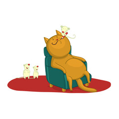 A funny situation, mice draw whiskers to a sleeping cat. Vector illustration for design or textile print